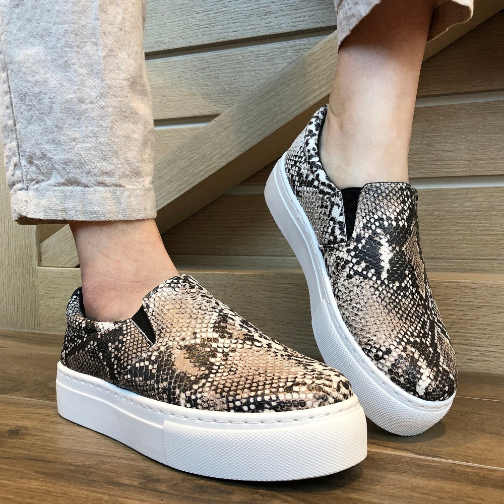 BEIGE SNAKE PRINT PLATFORM SLIP ON SNEAKERS